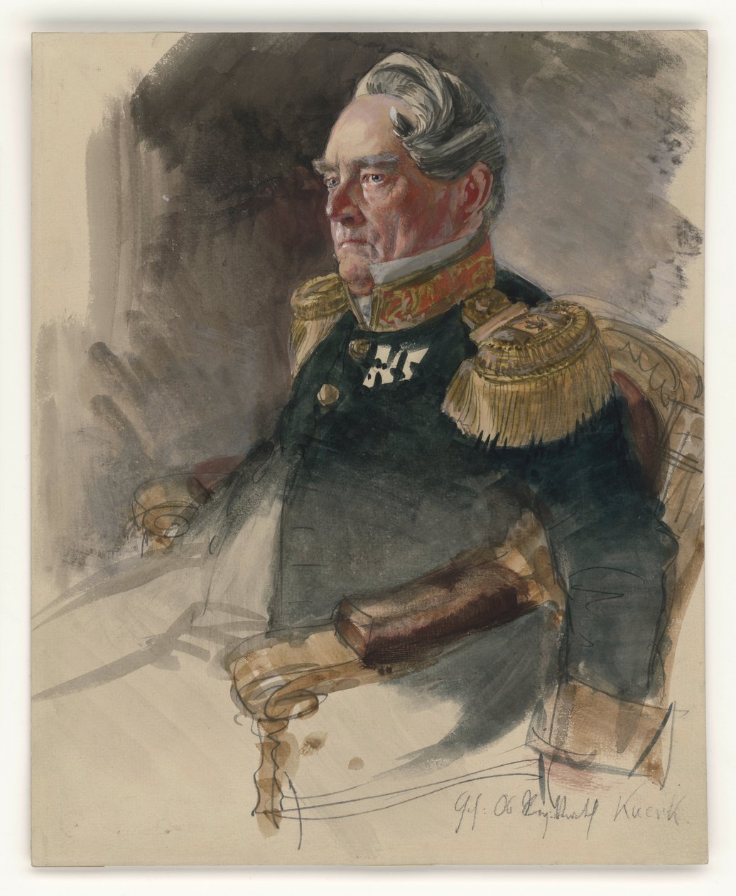 Knerk, conseiller supérieur du gouvernement, buste tourné vers la gauche, de trois quarts, avec indication du nom du personnage représenté, étude de portrait pour le tableau « Le couronnement de Guillaume Ier à Königsberg » - Adolph Menzel