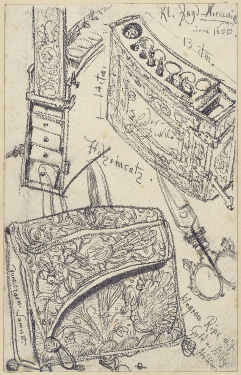 Sac à cartouches avec trousse de premiers secours provenant de la selle de chasse du prince-électeur Jean-Georges Ier de Saxe, datant de 1618, Musée historique, Dresde - Adolph Menzel