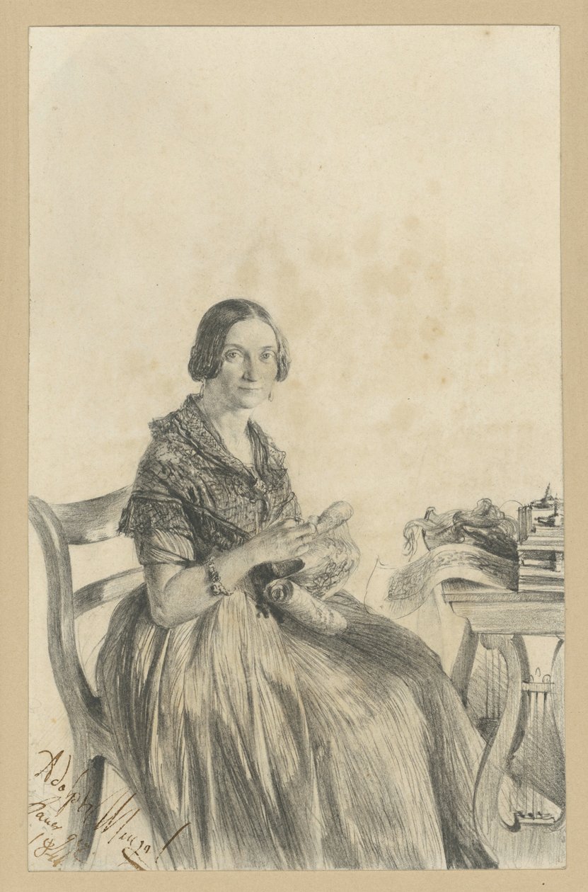 Pauline Martini, née Dambke, assise à table, le regard tourné vers le spectateur - Adolph Menzel