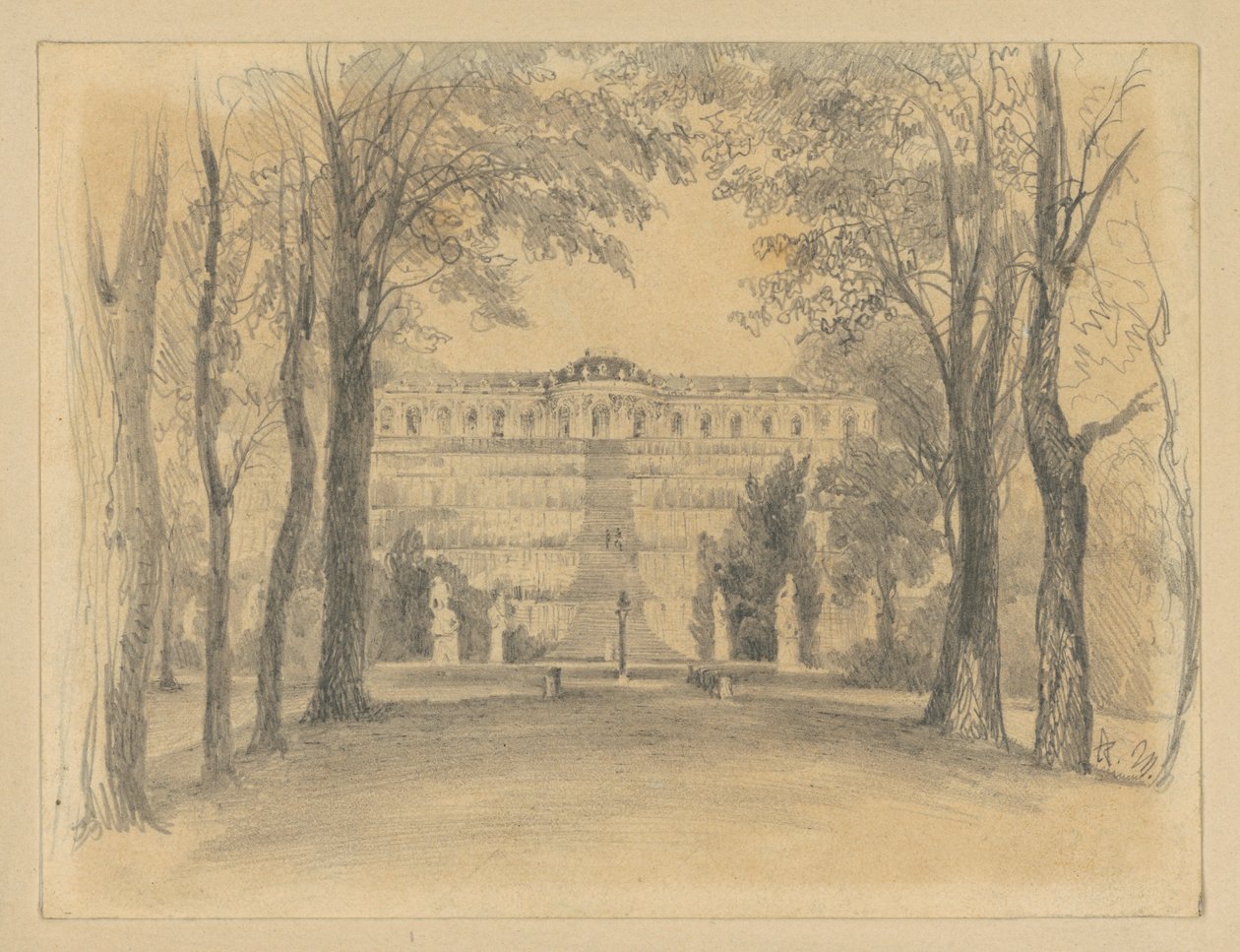Le château de Sanssouci, avec ses terrasses et sa fontaine - Adolph Menzel