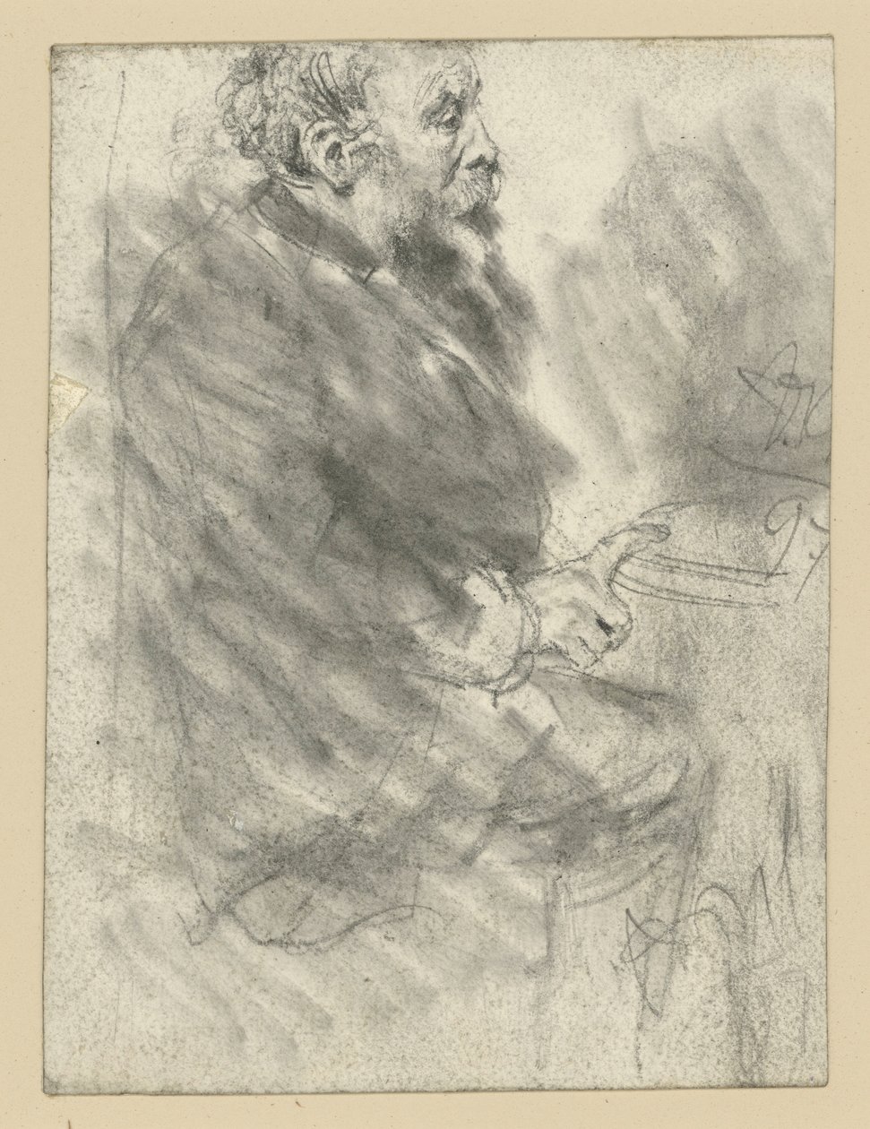 Homme assis, barbu, tourné vers la droite, l