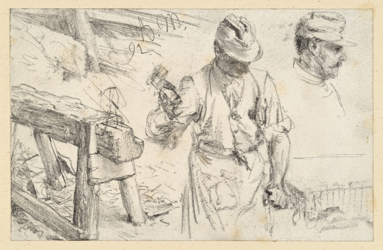 Tailleur de pierre au travail, chevalet d