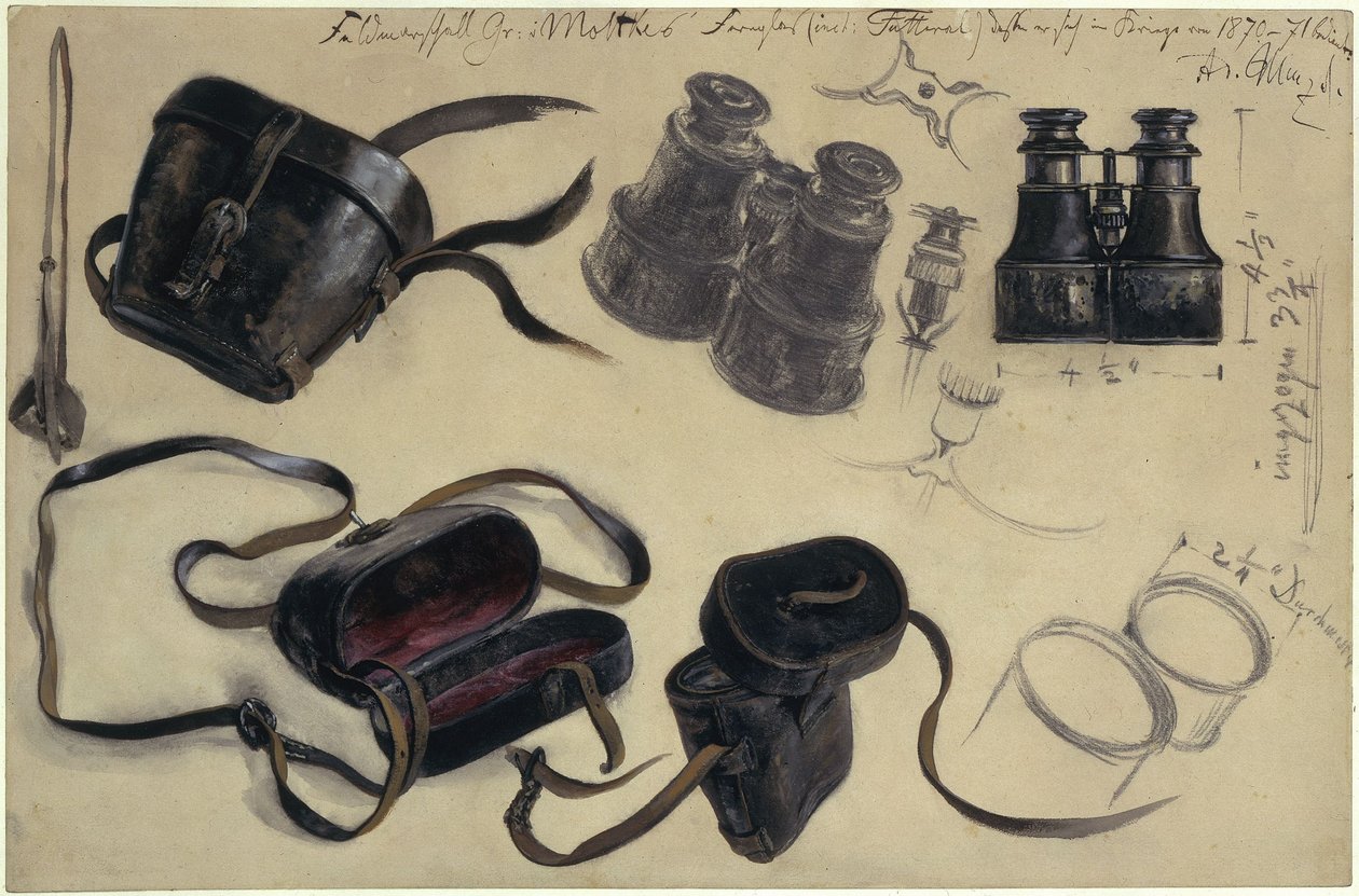 Modèle inspiré des jumelles du maréchal comte von Moltke, étui et détails, avec des notes - Adolph Menzel