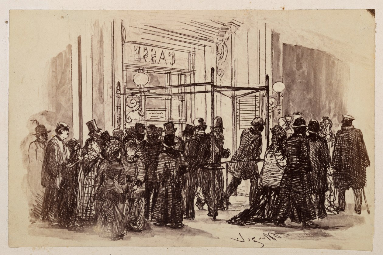 Billetterie du théâtre : les spectateurs font la queue à partir de la droite devant la billetterie éclairée  et s