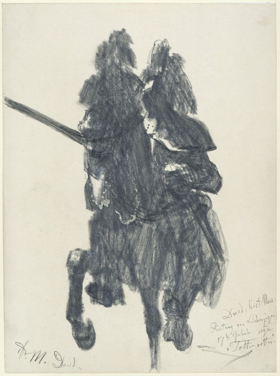 « Chevalier de la Mort ». Statue équestre en armure de tournoi datant de la fin du XVIe siècle, tenant une lance, conservée au Musée historique de Dresde - Adolph Menzel
