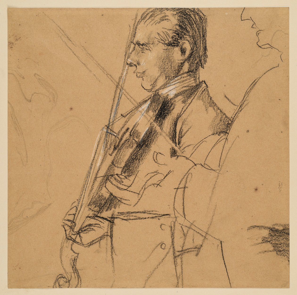 Violoniste. Demi-figure. De profil vers la gauche. À droite, esquisse de profil. Étude préparatoire au tableau « Concert de flûte de Frédéric le Grand à Sanssouci » - Adolph Menzel