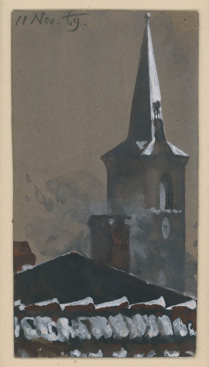 Toit de tuiles et clocher, enneigés - Adolph Menzel