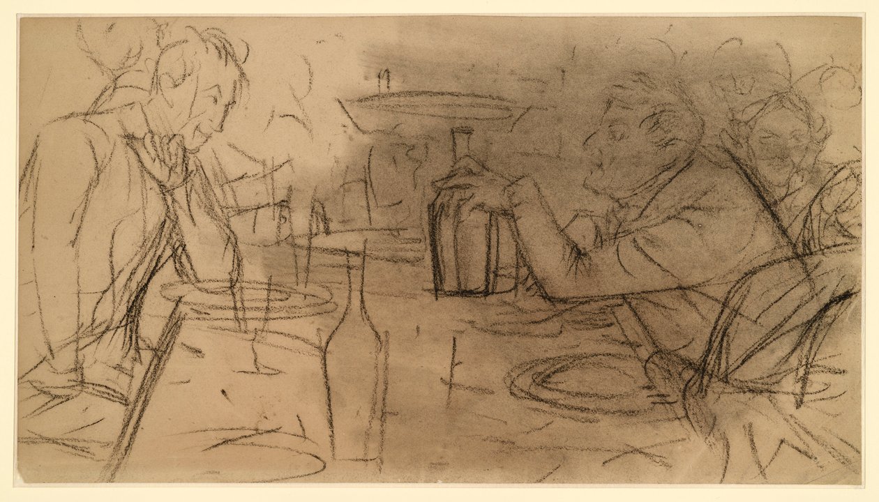 Deux hommes assis face à face à une table de bistrot, en pleine conversation - Adolph Menzel