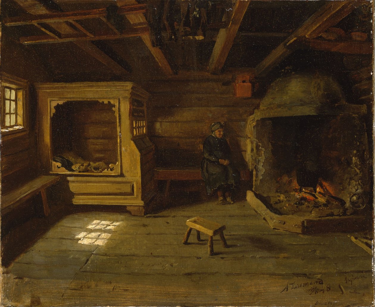 Intérieur de ferme de Skjønne, dans le Numedal - Adolph Tidemand