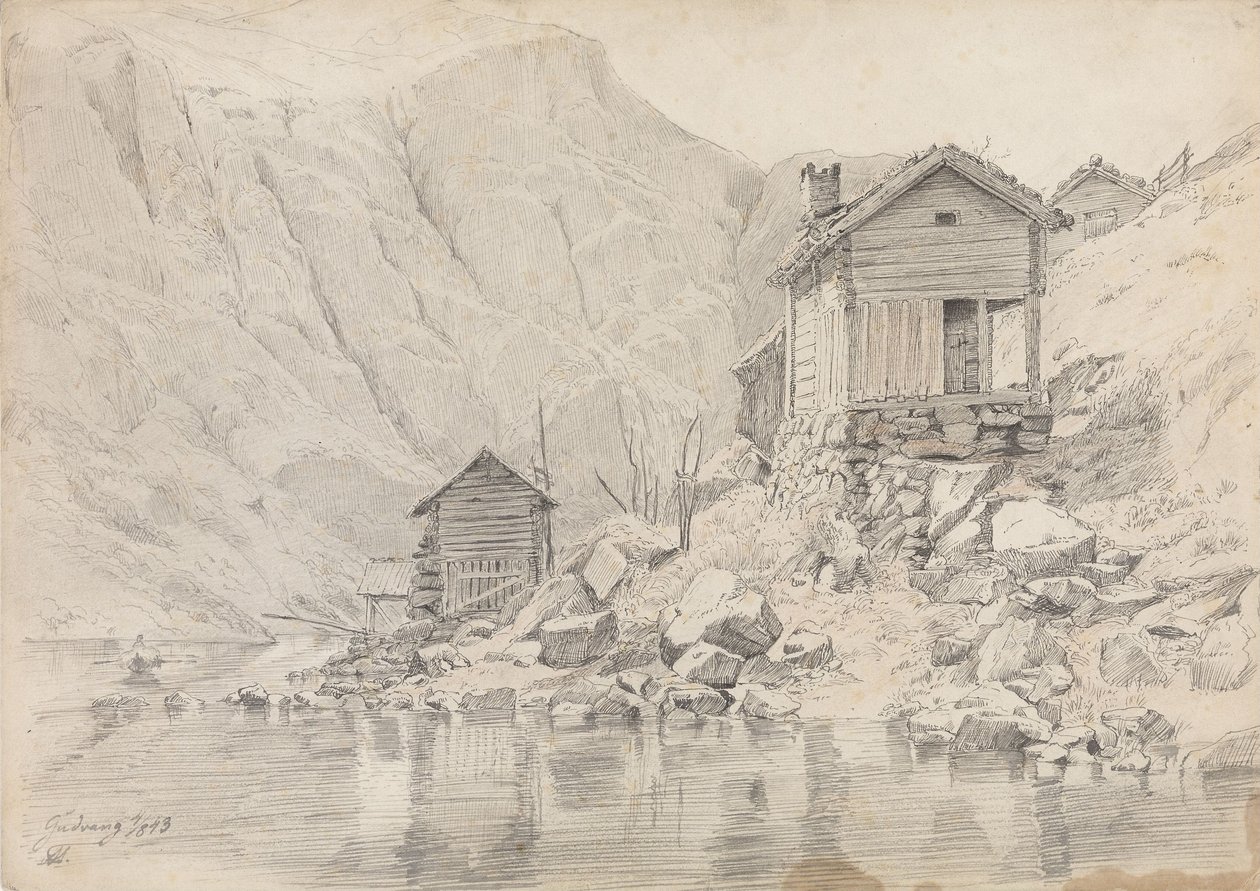 Maison en bord de mer, Gudvangen - Adolph Tidemand
