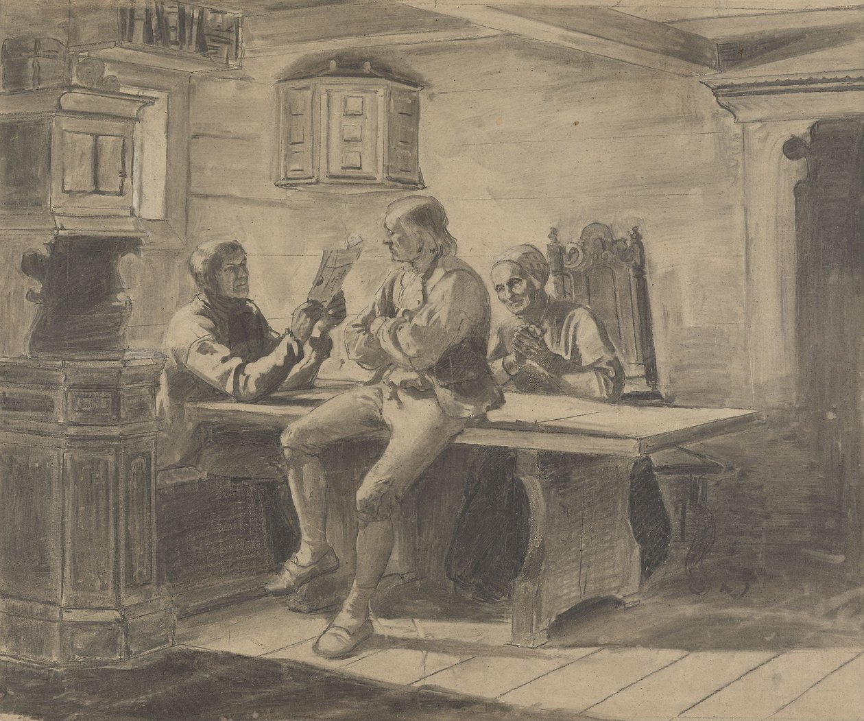 Un homme qui fait la lecture à sa femme et à son mari - Adolph Tidemand