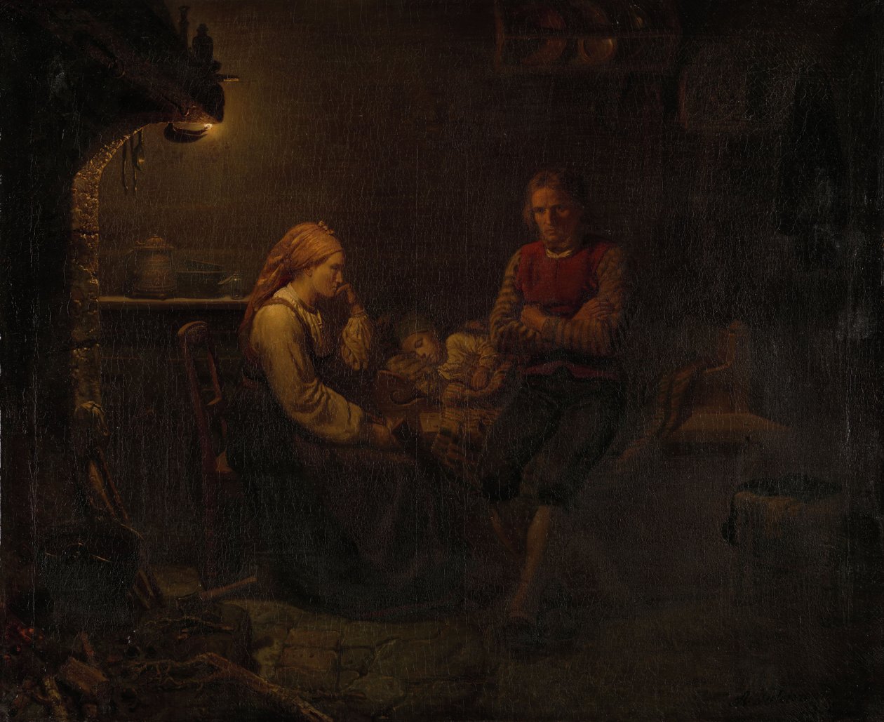 Parents près du lit de leur enfant malade - Adolph Tidemand