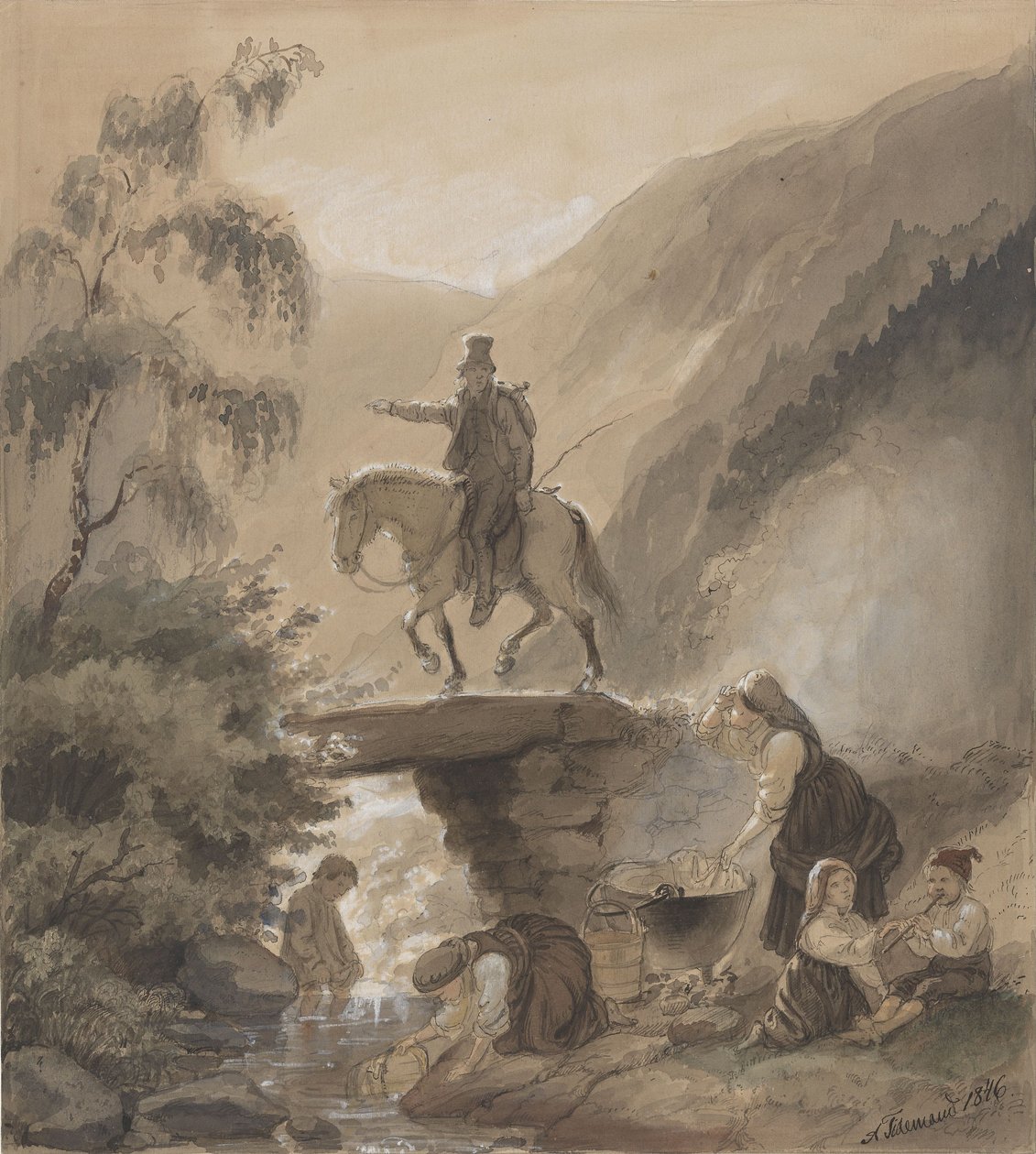 Cavalier, femmes et enfants près d