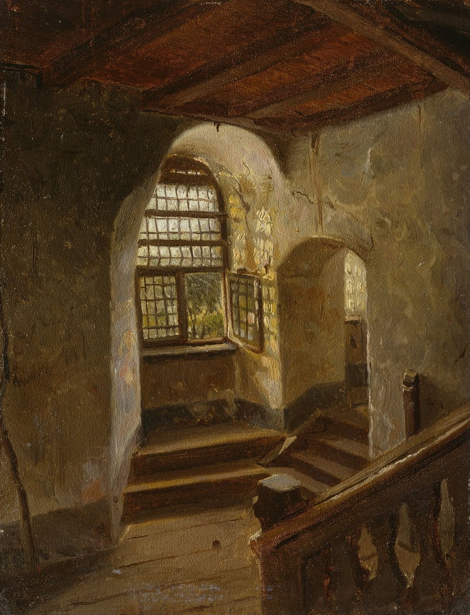 Un escalier dans un château au bord du Rhin - Adolph Tidemand