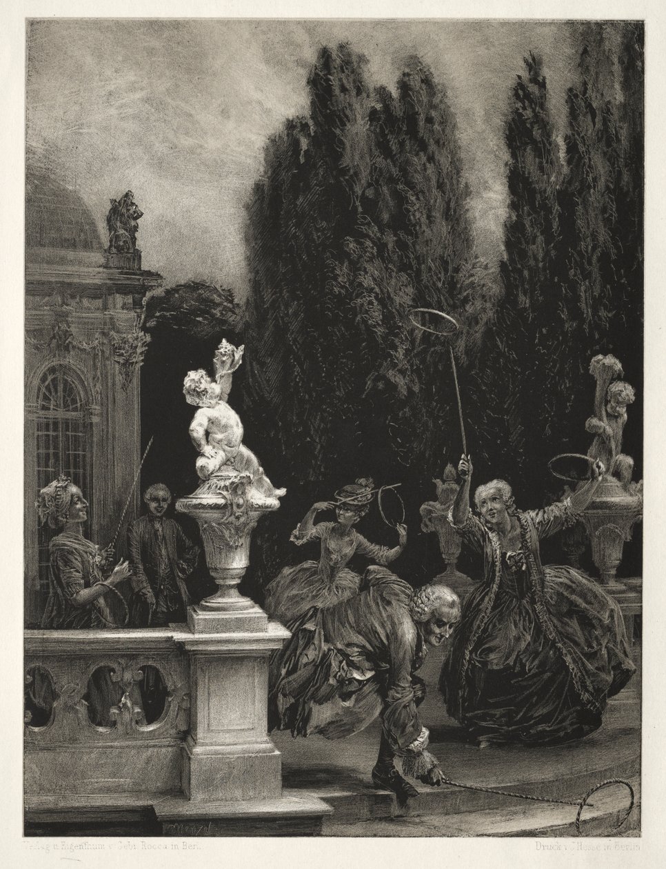 Essai sur pierre avec pinceau et grattoir : Jouer aux cerceaux sur la terrasse du château - Adolph Menzel