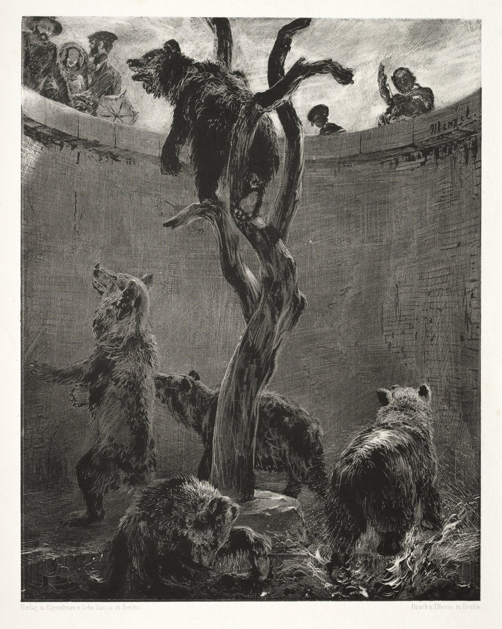 Essai sur la pierre avec pinceau et grattoir : La fosse aux ours - Adolph Menzel