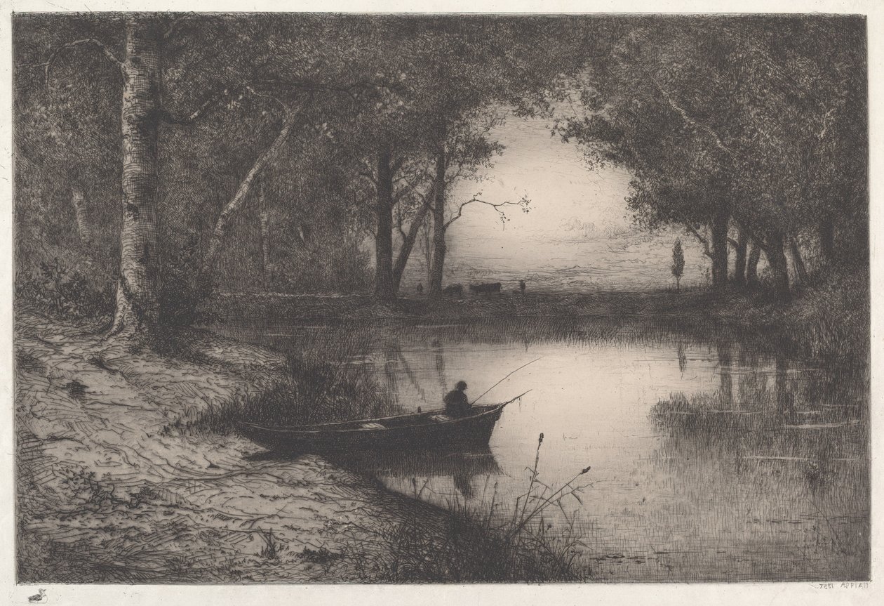 Un pêcheur dans un étang boisé au crépuscule - Adolphe Appian