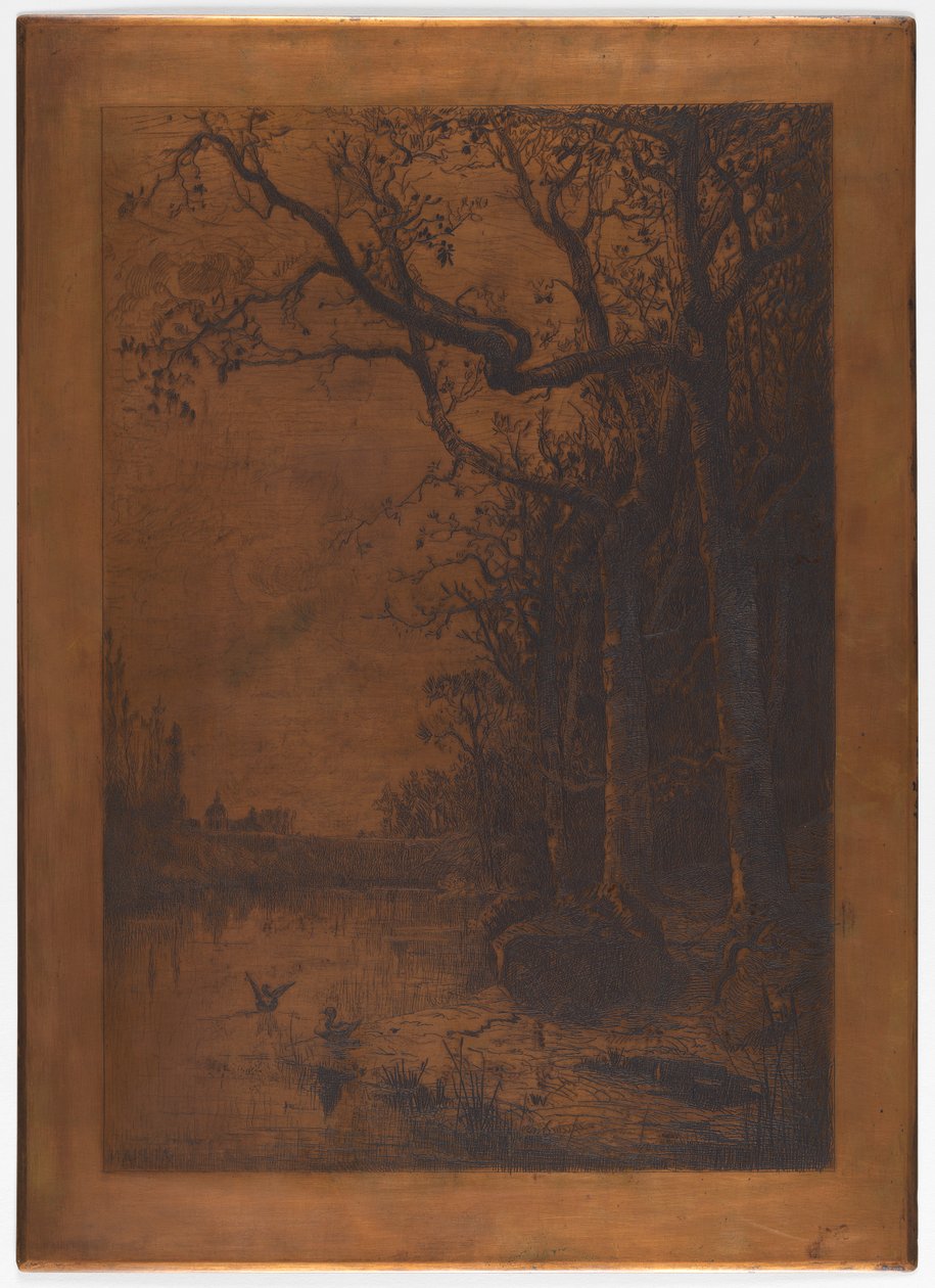 Plaque de cuivre gravée "Paysage avec des canards" par Adolphe Appian - Adolphe Appian