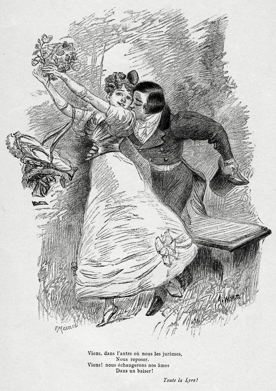 Deux amoureux : " Venez échanger nos âmes / Dans un baiser ! "Illustration de Wilette pour le poème de Victor Hugo "L