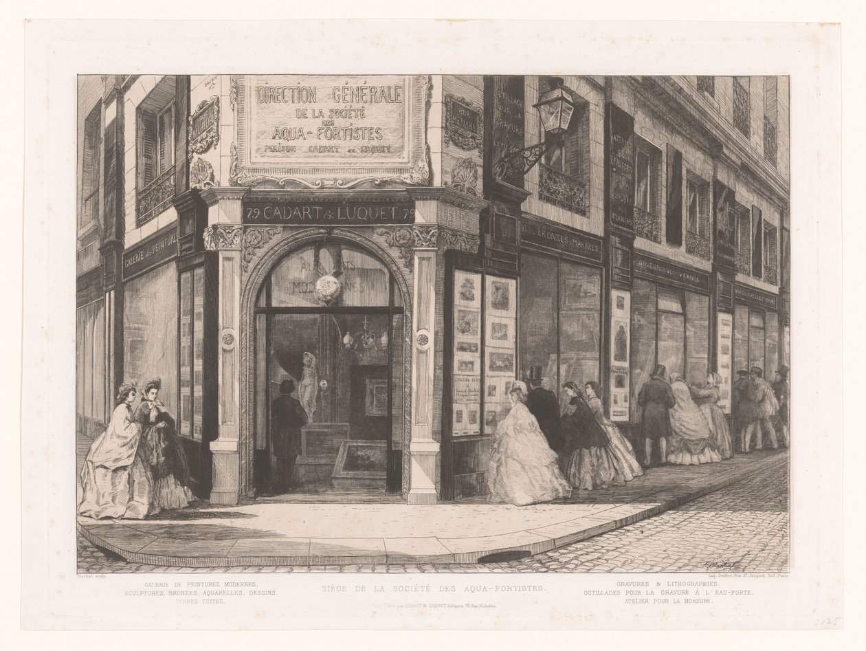 Vue sur le magasin de Cadart et Luquet avec des dames et des messieurs devant les vitrines - Adolphe Martial Potemont