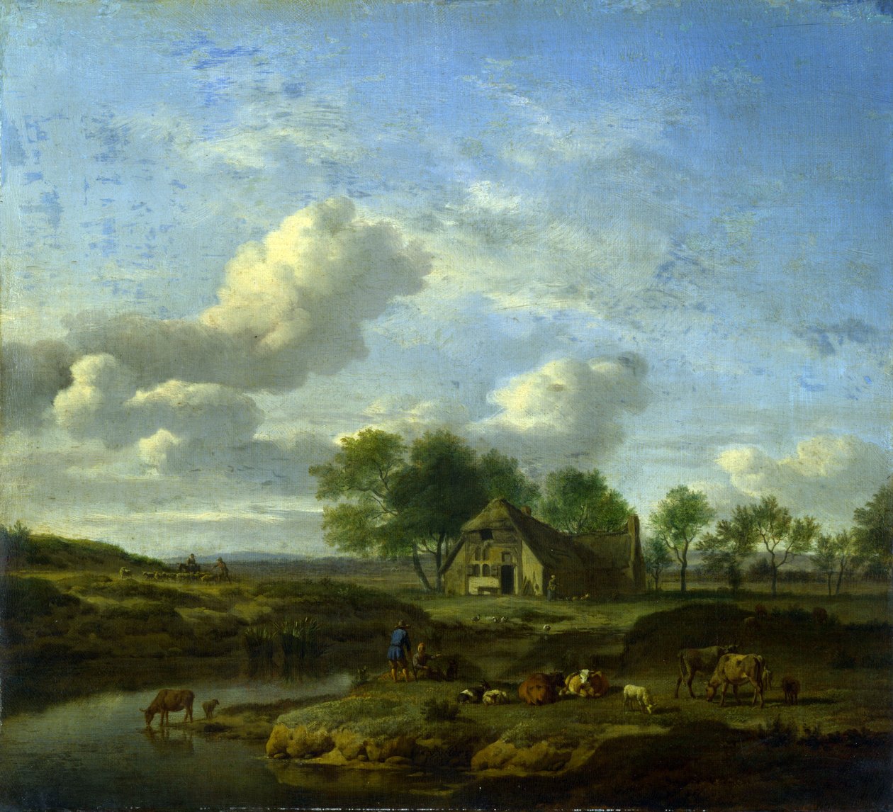 Paysage avec une ferme au bord d