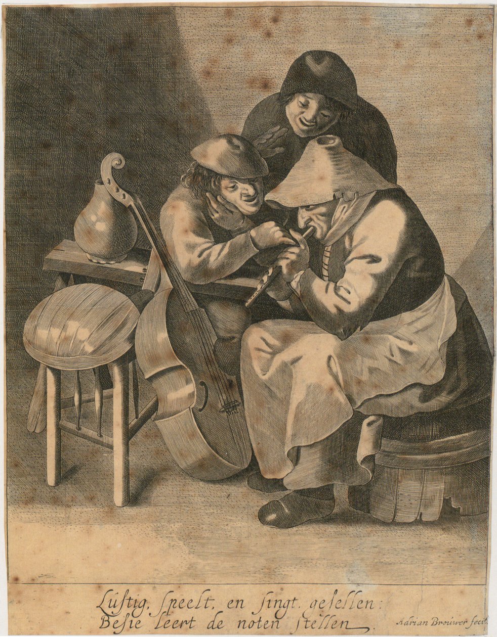 Une flûtiste et deux paysans - Adriaen Brouwer