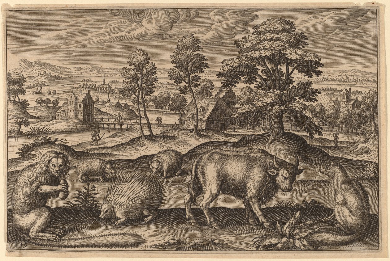Un singe, un porc-épic, deux hérissons, un buffle et un renard - Adriaen Collaert