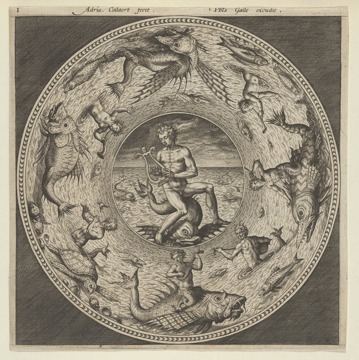 Conception pour une assiette avec Arion chevauchant un dauphin dans un médaillon bordé de monstres marins - Adriaen Collaert