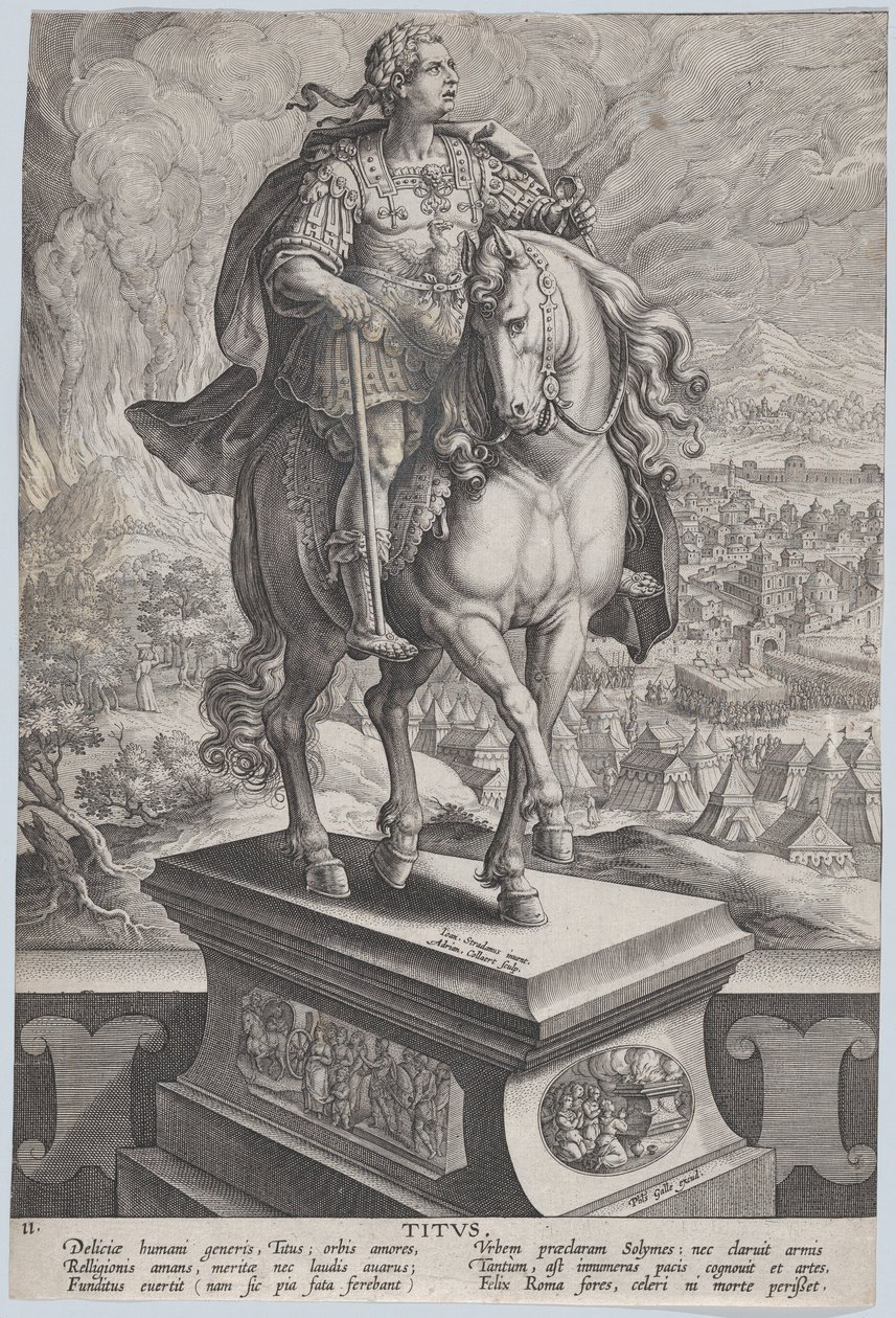 Planche 11 : statue équestre de Titus, vue aux trois quarts à droite, Mont Vésuve, vers 1587-89 - Adriaen Collaert