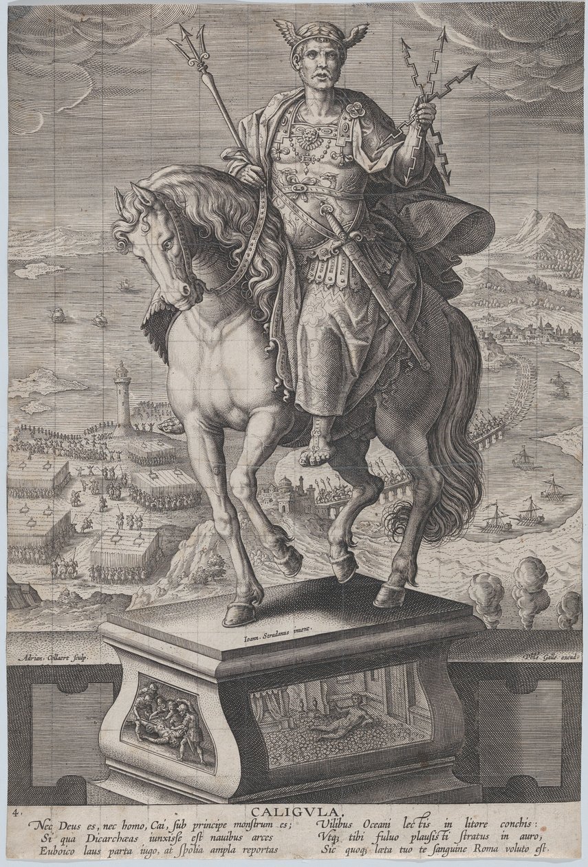 Planche 4 : statue équestre de Caligula, vue aux trois quarts à gauche, portant un..., vers 1587-89 - Adriaen Collaert