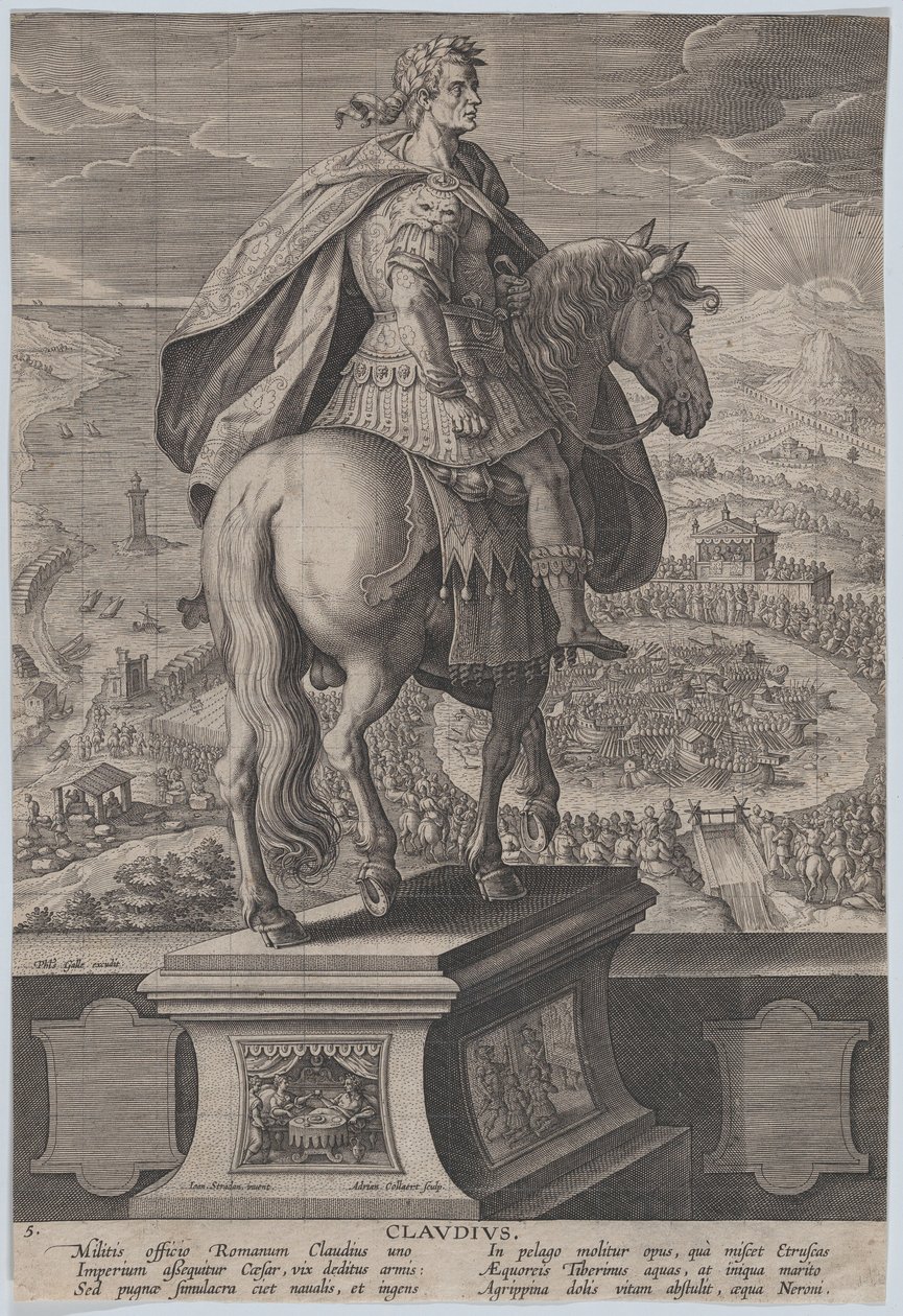 Planche 5 : statue équestre de Claude, vue de derrière, une compétition navale à Rome, vers 1587-89 - Adriaen Collaert