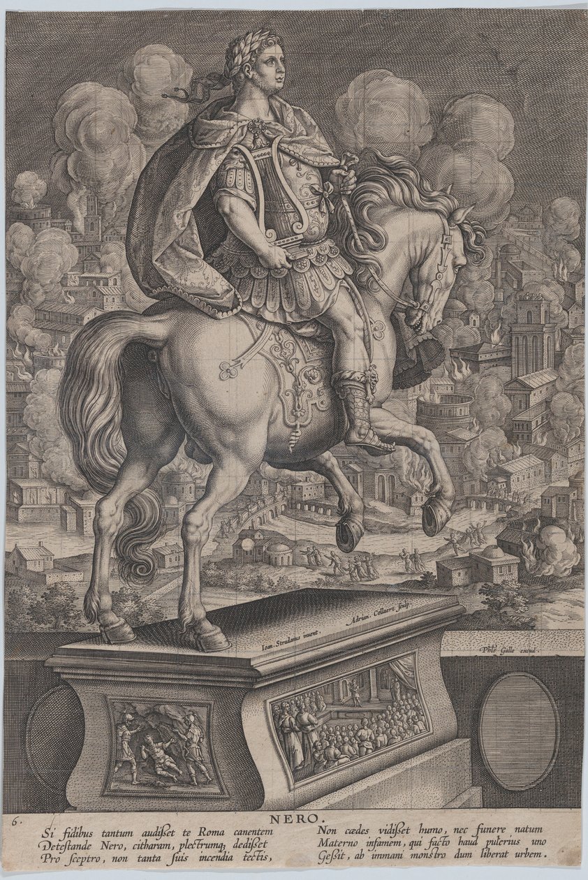 Statue équestre de Néron vue de dos, le Grand Incendie de Rome - Adriaen Collaert