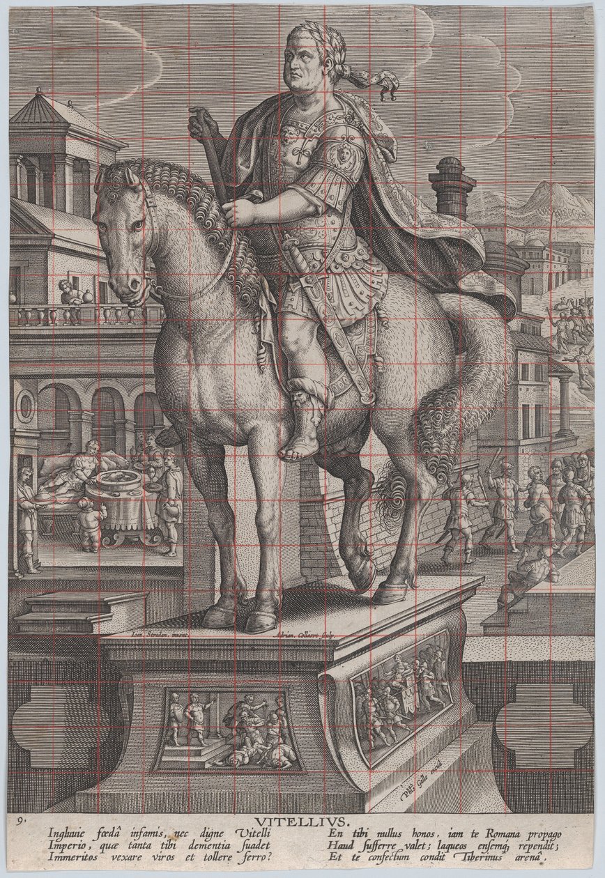 Planche 9 : statue équestre de Vitellius, vue aux trois quarts à gauche - Adriaen Collaert