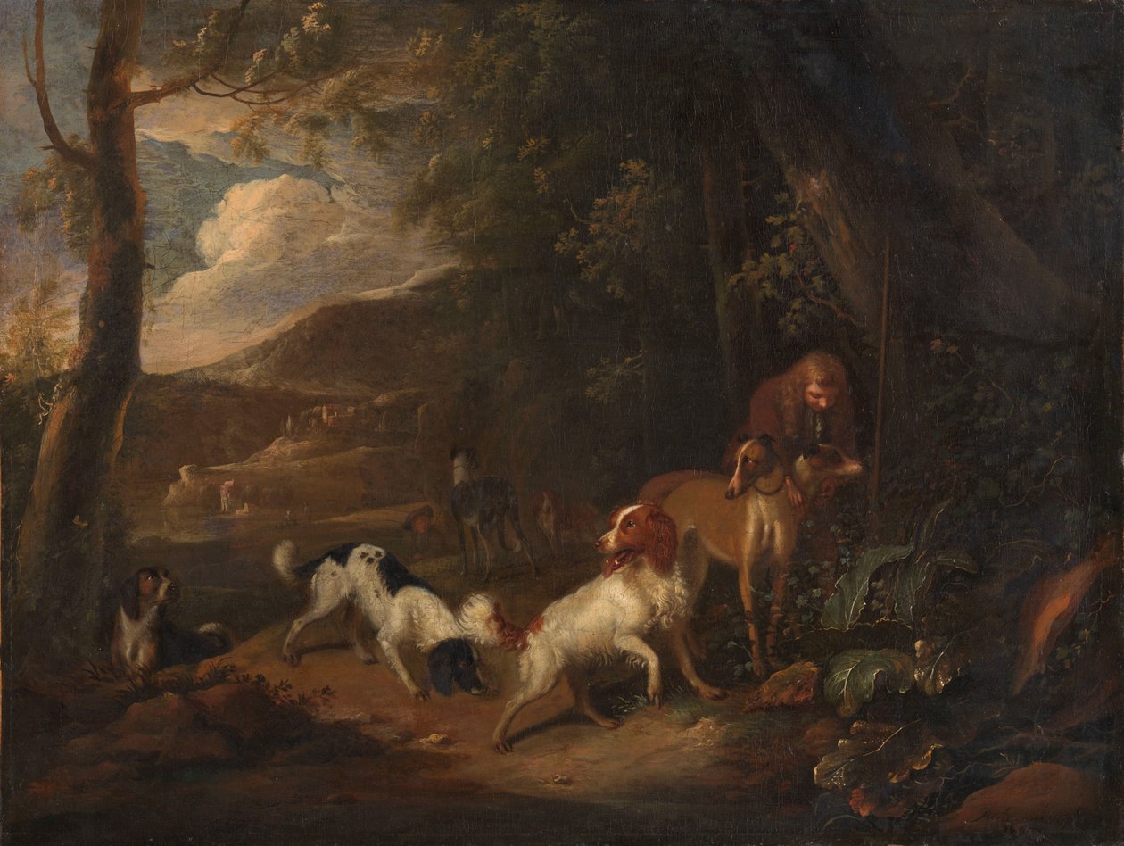 Chasseur avec chiens à la lisière d