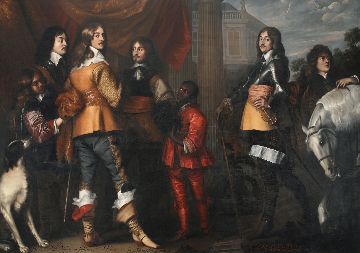 Portrait de groupe de Willem Frederik van Nassau-Dietz (1613-1664), Hendrik Casimir I van Nassau-Dietz (1612-1640), Hendrik van Nassau-Siegen (1611-1652) et George Frederik van Nassau-Siegen (1606-1674), avec des serviteurs. - Adriaen Hanneman