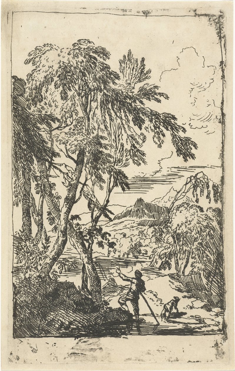 Paysage montagneux avec arbres et homme avec chien - Adriaen van Diest