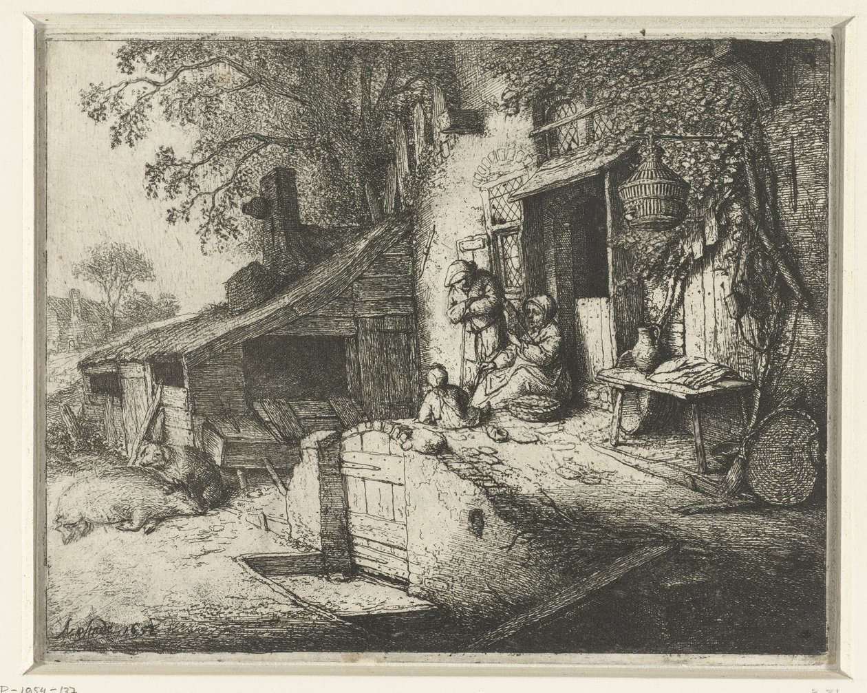 Femme filant devant une maison - Adriaen van Ostade (signed by artist)