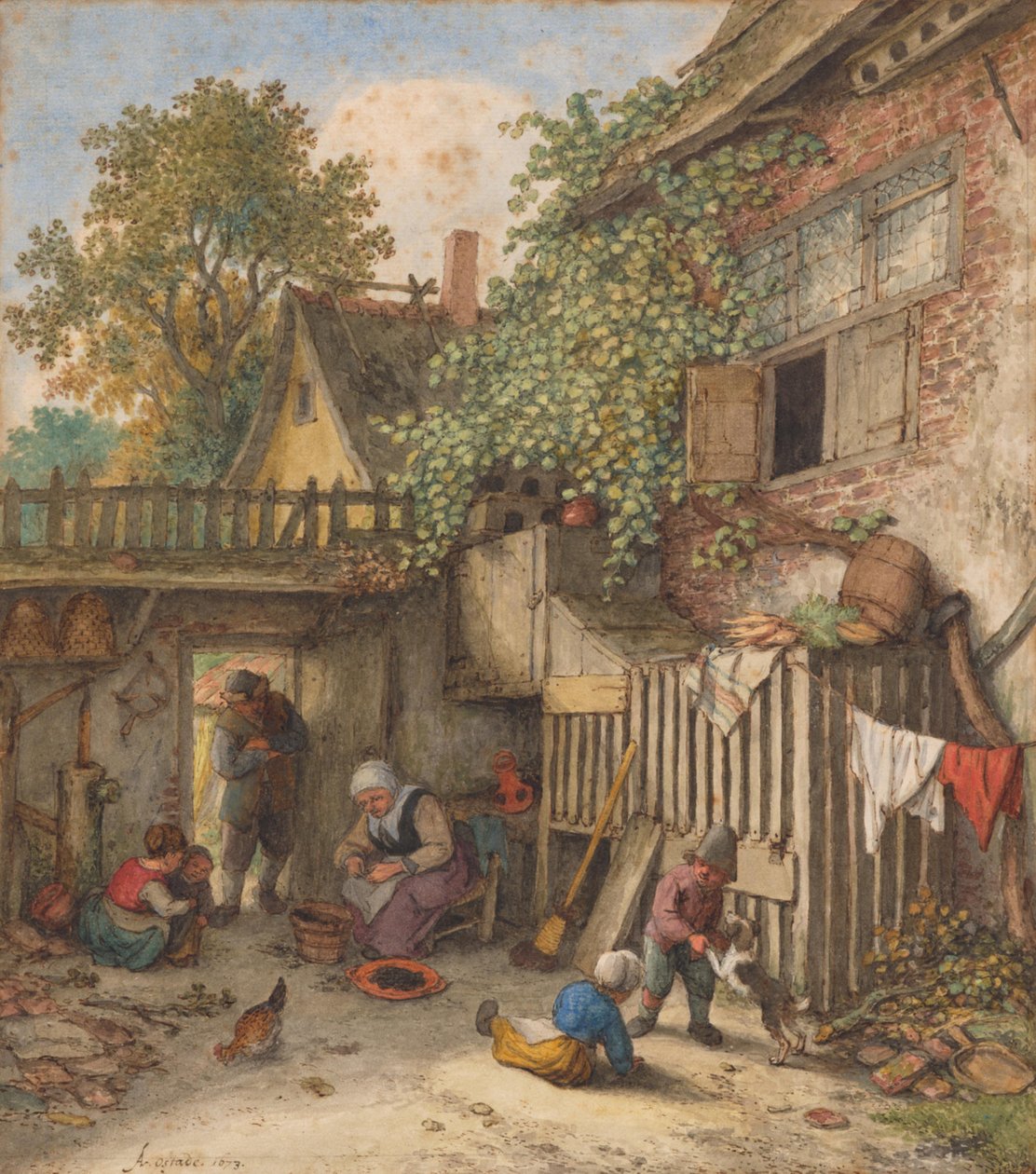 Cour intérieure où une femme nettoie des moules - Adriaen van Ostade