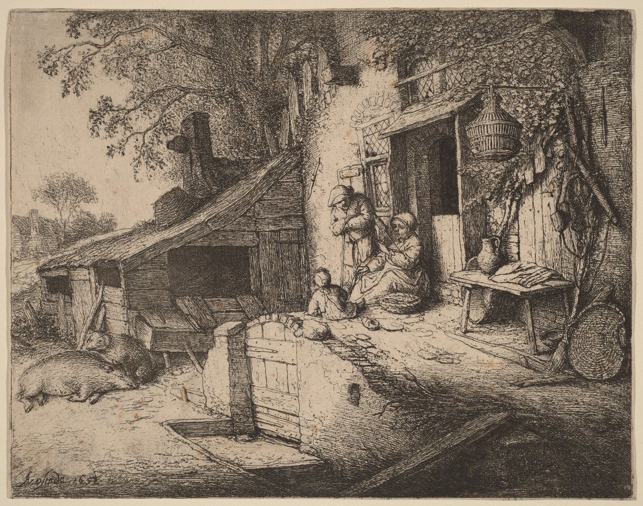 Ferme avec une famille paysanne devant la porte d
