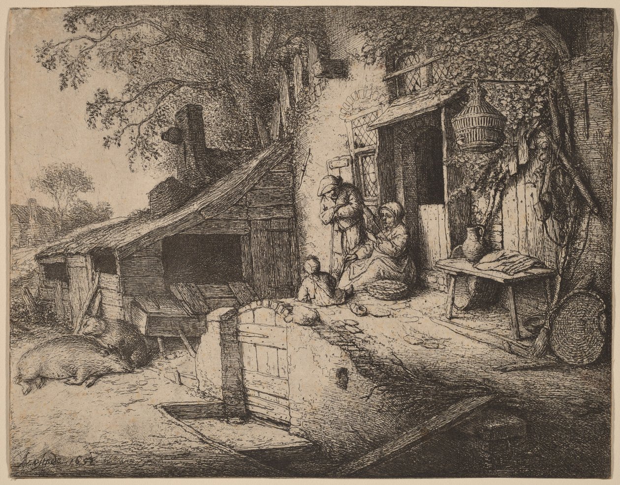 Ferme avec une famille paysanne devant la porte d