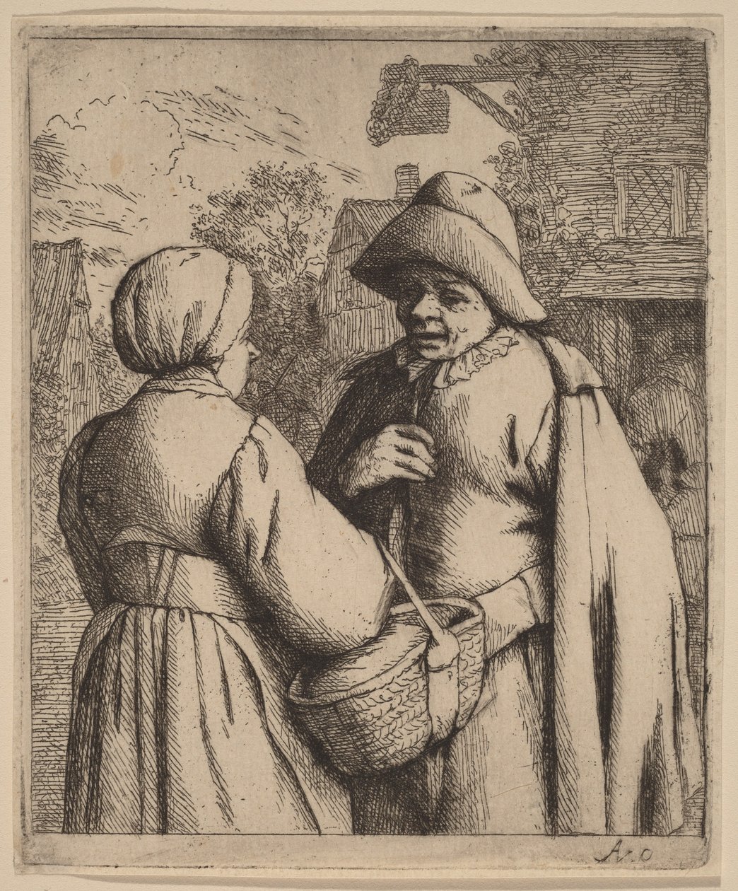 Un homme et une femme conversant devant une auberge - Adriaen van Ostade
