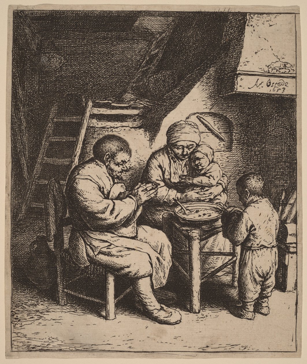 Famille paysanne priant avant le repas - Adriaen van Ostade