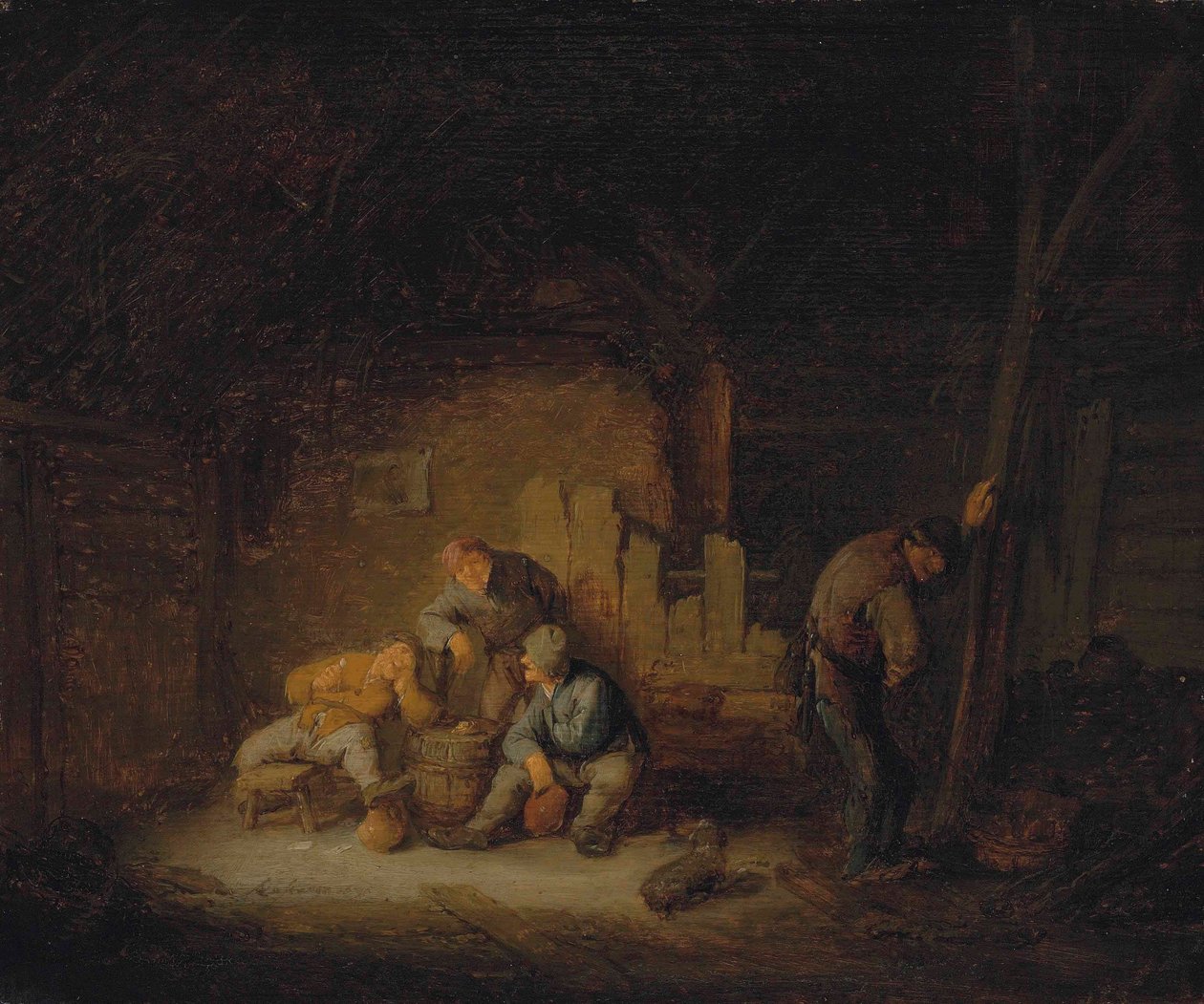 Paysans assis et buvant dans une grange avec un chien - Adriaen van Ostade