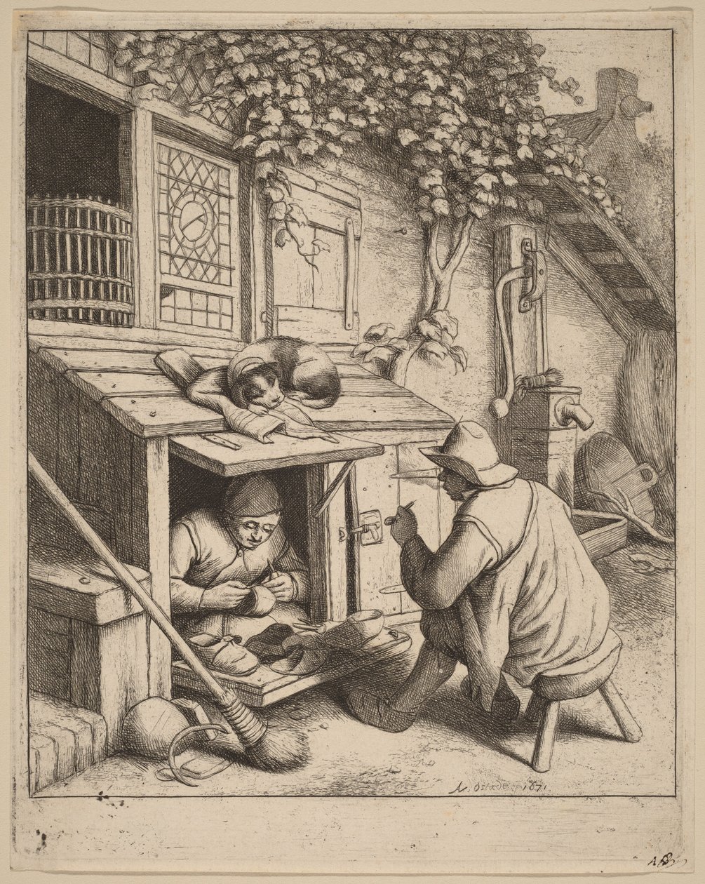 Un fumeur assis sur un tabouret discutant avec un cordonnier au travail - Adriaen van Ostade