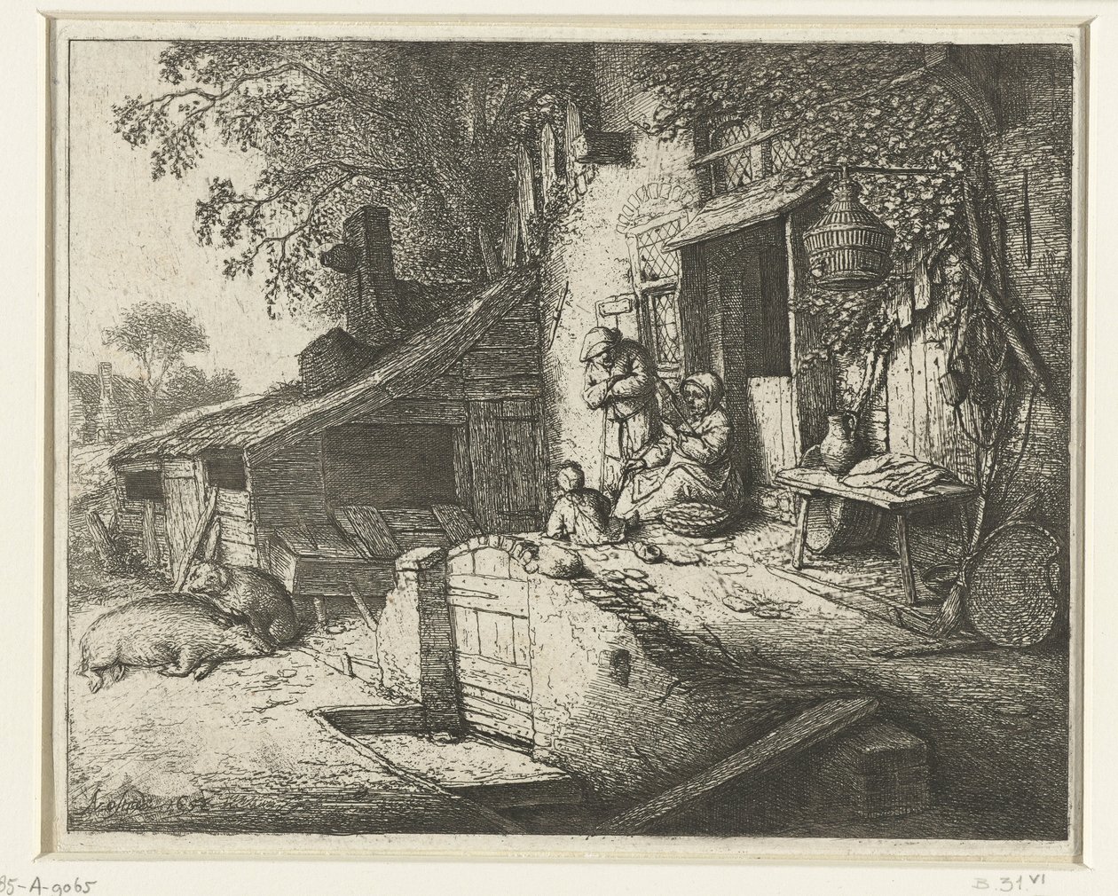 Femme filant devant une maison - Adriaen van Ostade
