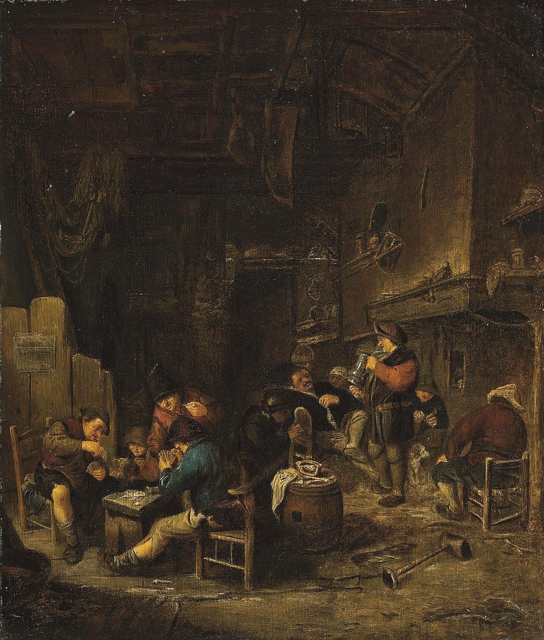 Intérieur de taverne avec des paysans jouant aux cartes, fumant et buvant - Adriaen van Ostade