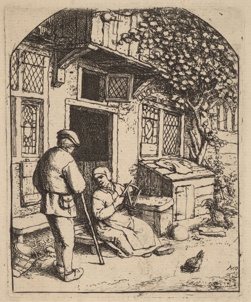 Deux paysans devant une maison, la femme pelotonne de la laine - Adriaen van Ostade
