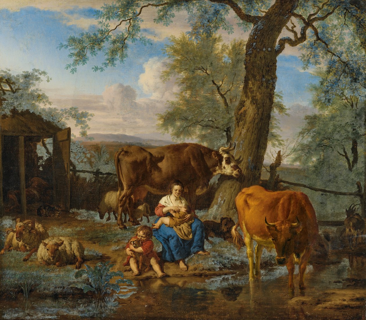 Bovins avec femme allaitante et enfant jouant avec un chien - Adriaen van de Velde