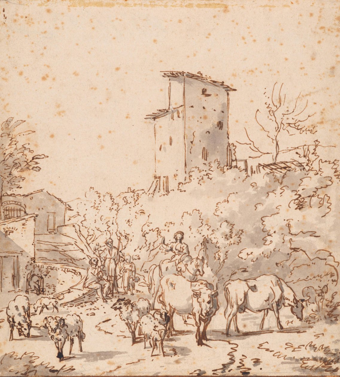 Paysage italien avec des personnages et du bétail - Adriaen van de Velde