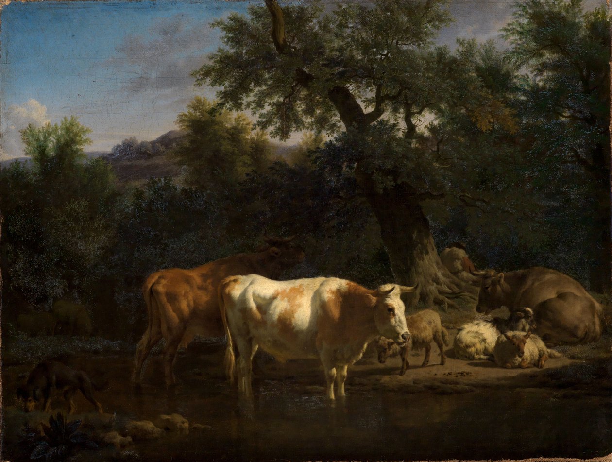 Des bovins et des moutons près du ruisseau de la forêt - Adriaen van de Velde